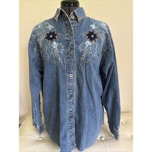 VTG Jane Ashley Woman Shirt S Cottagecore Granola Floral Beaded Button Up EUC